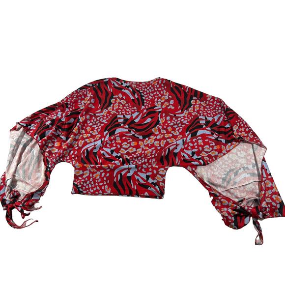Zara Trafaluc Collection Red Flowy Crop Top Sz Small Red Blue Orange Tie Sleeve - Picture 5 of 11